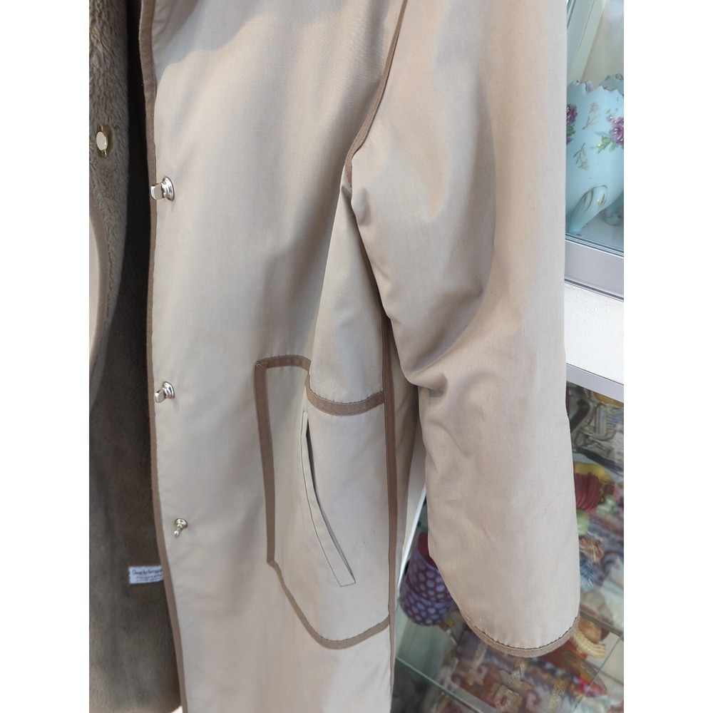 Vintage Orvis Canvas Sherpa Fur Trench Coat Jacket Long Womens 10 Brown Taupe - Picture 9 of 13